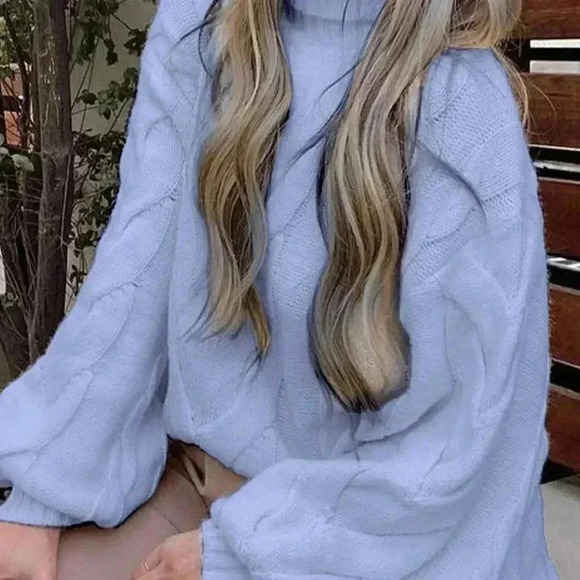 Blue Casual Women's High Collar Sweater - Picture 2 of 4